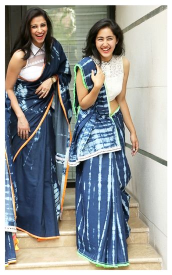 Denim saris by Anubha Jain| Designer saris Denim Blouse With Saree, Indigo Saree Blouse Designs, Indigo Saree Styling, Denim Saree, Indigo Saree, Saree Blouse Styles, Dyed Denim, Modern Saree, Designer Denim