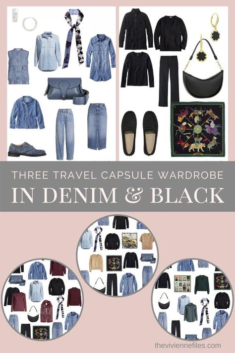 Three Travel Capsule Wardrobes in Denim and Black - The Vivienne Files Denim Capsule Wardrobe, Travel Capsule Wardrobe Spring, Black Capsule Wardrobe, Travel Outfits Women, Capsule Style, Cruise Wardrobe, Packing Wardrobe, Project 333, The Vivienne Files