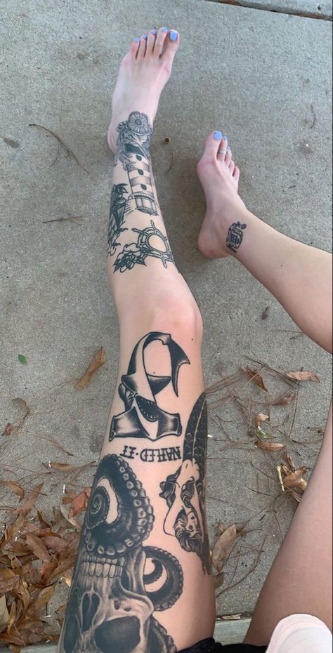 Black And Grey Leg Tattoos Women, Black And Grey American Traditional Leg Sleeve, Black Leg Sleeve Tattoo, Tattooed Legs Women, Traditional Leg Sleeve Women, Black And Grey Traditional Tattoo Sleeve, Shin Tattoo Traditional, Leg Sleeves For Females Patchwork, Leg Sleeve Traditional