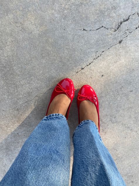 Red Pump Outfits, Steve Madden Red Flats, Ballet Flats Red Outfit, Red Ballet Flats Aesthetic, Red Flats Aesthetic, Steve Madden Red Ballet Flats, Red Ballet Pumps Outfit, Cherry Red Ballet Flats, Red Ballet Flats Outfit Aesthetic