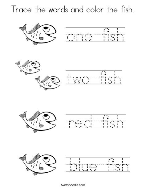 Trace the words and color the fish. Coloring Page Dr Suess Coloring Page, One Fish Two Fish Activities Preschool Dr. Seuss, Dr Seuss One Fish Two Fish Activities, Dr Seuss One Fish Two Fish Craft, Dr Seuss Writing Activities, Dr Suess Lesson Plans Preschool, One Fish Two Fish Red Fish Blue Fish Craft, Dr Seuss Worksheets, One Fish Two Fish Craft