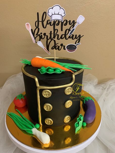 Black and gold chef jacket cake with fondant vegetables Chef Birthday Cake, Fondant Vegetables, Black Chef, Paw Patrol Birthday Theme, Chef Cake, 18th Cake, Cake With Fondant, Chef Uniform, Chocolate Art