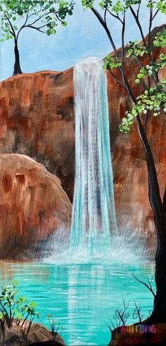 Canyon Waterfall Painting - Step By Step Online Tutorial Waterfall Paintings Easy, Waterfall Rock Painting, Painting Waterfalls Step By Step, Water Fall Painting Ideas, Waterfall Painting Acrylic Step By Step, Small Canvas Art Simple, Waterfall Painting Easy, Easy Waterfall Painting, Painting Of Waterfall