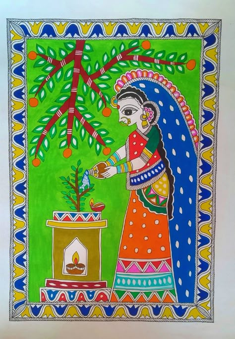 Human Figures With Clothes, Madhubani Designs, Madhubani Motifs, Front Mehndi, Mithila Art, Front Mehndi Design, Madhubani Paintings, Indian Artwork, Painted Clothing