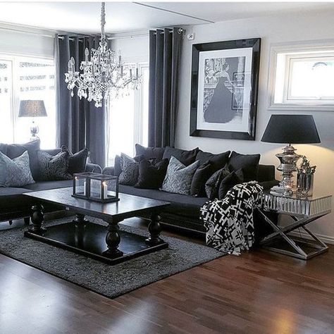 Black Couch Living Room, Black Sofa Living Room, Dark Grey Living Room, Gray Living Room Design, Furnitur Ruang Keluarga, Grey Couch Living Room, Black And White Living Room, Dark Living Rooms, Living Room Decor Gray