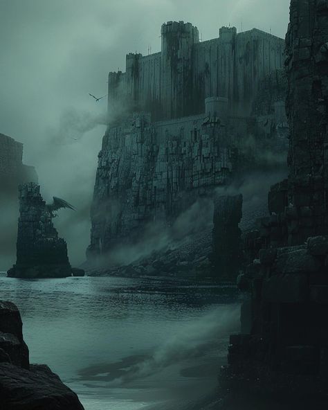 Dragonstone | Instagram Dragonstone Aesthetic, Dark Island, Dragonstone Castle, Dark Fairycore, Photo Elements, Queen Aesthetic, Targaryen Aesthetic, Fantasy Places, Matte Painting