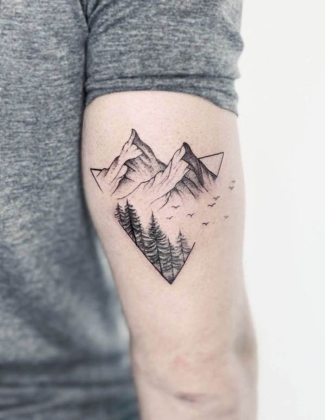 Triangle mountains landscape tattoo by @mooody.ink Triangle Tattoo Mountain, Mountain Top Tattoo, Mountain And Rose Tattoo, Wrap Around Mountain Arm Tattoo, Mountain Tattoo With Shading, Mountain Related Tattoo, Triangle Tattoo With Mountains, Negative Space Mountain Tattoo, Unique Triangle Tattoos