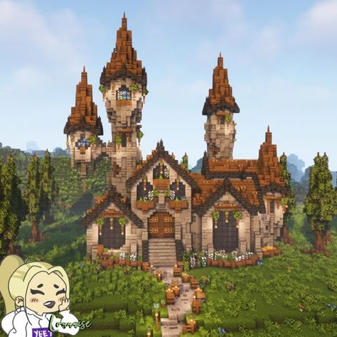 Things To Build In Minecraft Medieval, Fantasy Builds In Minecraft, Manor Minecraft House, Medieval Manor Minecraft, Big Medieval House Minecraft, Aesthetic Castle Minecraft, Minecraft Building Ideas Fantasy Castle, Cottage Castle Minecraft, Fantasy Building Minecraft