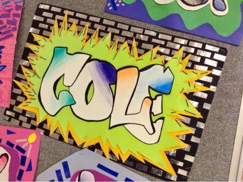 Graffiti name on metallic wall background Name Art Projects, School Graffiti, Middle School Projects, Graffiti Names, 7th Grade Art, 8th Grade Art, Middle School Art Projects, Art Lessons Middle School, 6th Grade Art