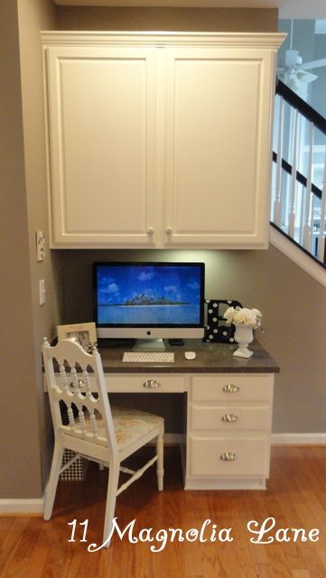 look at this kitchen desk area... from 11 Magnolia Lane... I'm doing this soon in my kitchen.... Kitchen Desk Area, Painted Tile Backsplash, Florida Condo Decor, White Painted Cabinets, Kitchen Work Space, Kitchen Desk Areas, Paint Cabinets White, Cabinets Painted, Kitchen Ideals