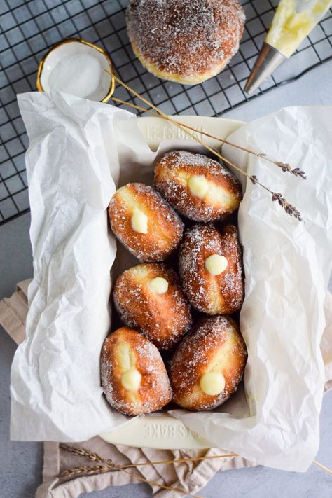 Brioche Doughnuts with Honey Lavender Custard recipe by Christine So | The Feedfeed Brioche Donuts, Fudge Caramel, Doughnut Recipe Easy, Doughnuts Recipe, Homemade Custard, Custard Recipes, Custard Filling, Doughnut Recipe, Sedans