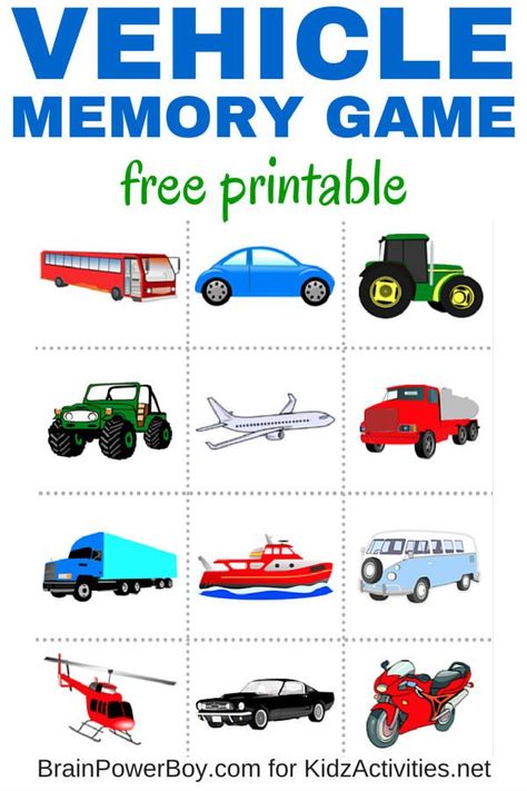 Free Printable Vehicle Memory Game - Kidz Activities Games For Preschoolers, Games Preschool, Transportation Unit, Transportation Activities, Transportation Crafts, Transportation Preschool, Kids Worksheets, Memory Games For Kids, Transportation Theme