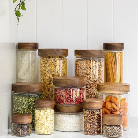 Kitchen Equipment Aesthetic, Wooden Jars Kitchen, Canning Pantry Aesthetic, Bamboo Storage Jars, Bamboo Spice Jar, Beautiful Kitchenware, Glass Pantry, Modern Kitchen Storage, Pantry Storage Containers