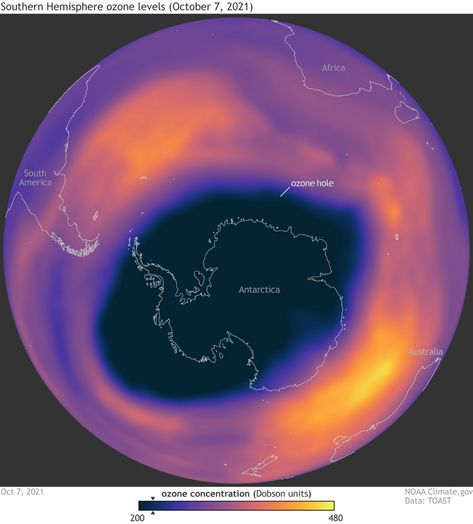 This visualization depicts the ozone hole over Antarctica at its maximum extent on October 7. 2021. Scientists define the "ozone hole" as the area in which ozone levels are depleted below 220 Dobson Units (dark blue, marked with black triangle on color bar). (Climate.gov) Hand Lattering, Ozone Depletion, Weather Balloon, Ozone Layer, End Of Winter, October 7, Space Flight, Earth Science, Art Drawings Simple