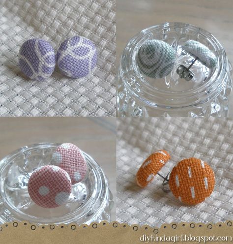 Fabric Button Earrings Tutorial Fabric Button Earrings Diy, How To Make Button Earrings, Diy Fabric Earrings How To Make, Fabric Stud Earrings, Button Stud Earrings, Diy Earrings With Fabric, Button Earrings Diy How To Make, Cloth Earrings Diy, Diy Cabochon Earrings