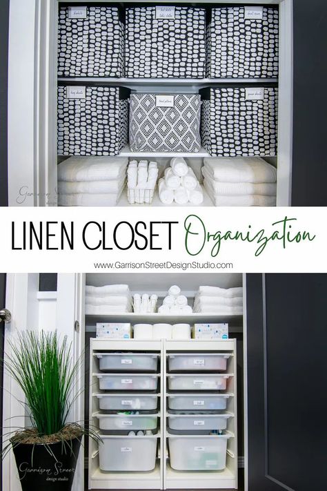 Linen Closet Organization with IKEA Trofast | ©GarrisonStreetDesignStudio | Linen Closet | Organization | IKEA Trofast | Linen Closet Organiztion | Trofast | IKEA Hack | Drona | Ideas | Drawers | Labels | Storage | Makeover | Design | Ideas | Easy | Cheap | Affordable | Budget | Hallway | Bins | Modern | Simple | System | Organize | Before & After | Layout | Clean | Tidy | Rolled Towels | Towels |Sheets | Toiletries | Reach In | How to organize | Declutter | Organizers | Iron Ore Ikea Linen Closet Organization, Ikea Linen Closet, Modern Cozy Home, Small Closet Shelving, Linen Closet Shelves, Linen Closet Makeover, Wood Closet Shelves, Trofast Ikea, Diy Closet Shelves