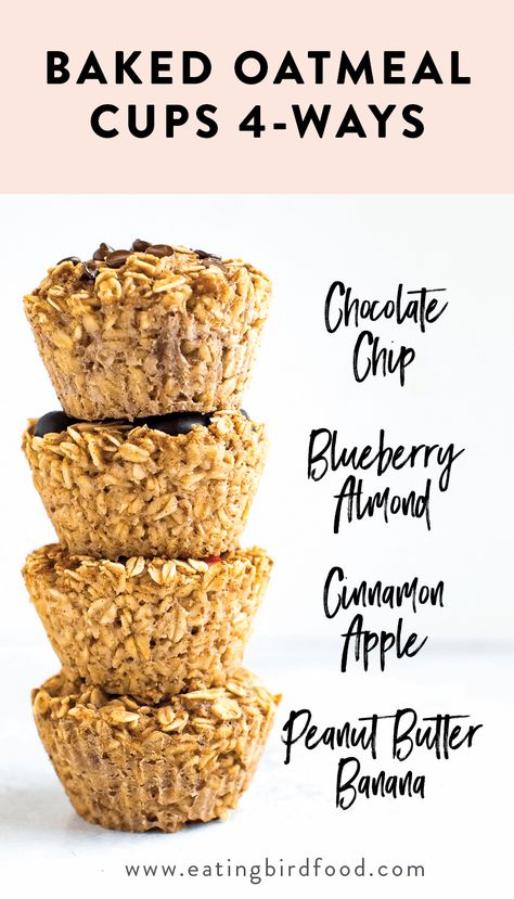 Keep these baked oatmeal cups in your fridge or freezer for an easy, healthy breakfast! There's four different flavor options so you'll never get bored. Vegan + gluten-free. #oatmeal #vegan #glutenfree #breakfast #eatingbirdfood Oatmeal Vegan, Eating Bird Food, Baked Oatmeal Cups, Apple And Peanut Butter, Oatmeal Cups, Bird Food, Baked Oatmeal, Oatmeal Recipes, Easy Healthy Breakfast