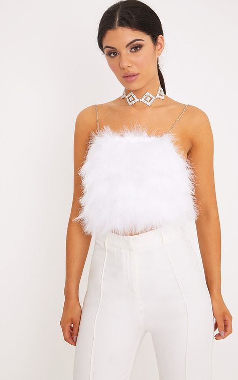 White Feather Crop Top In a super dreamy fluffy fabric and contrasting metal straps, this cr... White Feather Top, Feather Top Outfit, Feather Outfit, Feather Crop Top, Feather Top, Fluffy Fabric, Elegant Outfit Classy, Feather Tops, White Feather