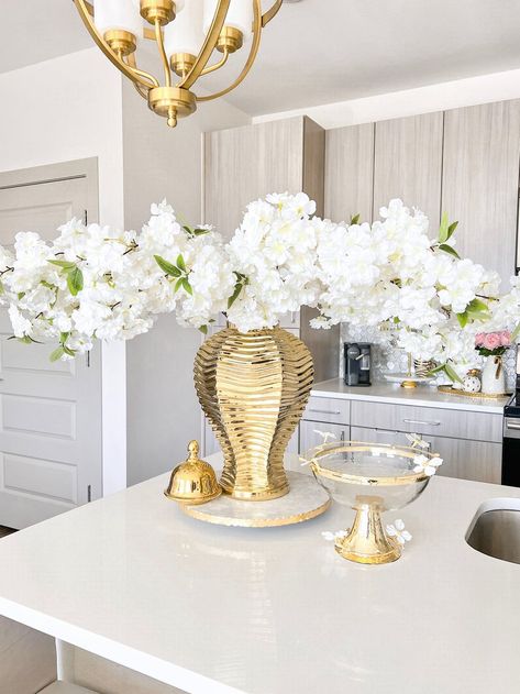 Bright Boho Living Room Decor Ginger Jars Decor, Gold Planter, Bright Boho, White Cherry Blossom, Kitchen Island Decor, Gold Vases, White Cherries, Floral Collection, Gold Ceramic