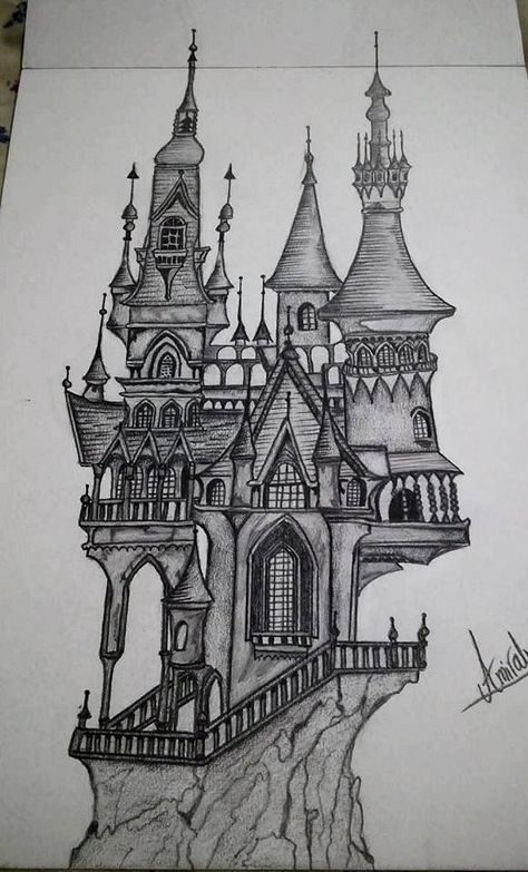 Realistic Castle Drawing, Drawing Castle Easy, Scary Castle Drawing, Castle Sketch Pencil, Fairytale Castle Drawing, Castle Drawing Sketches, Castles Drawing, Fantasy Castle Drawing, Mansion Sketch