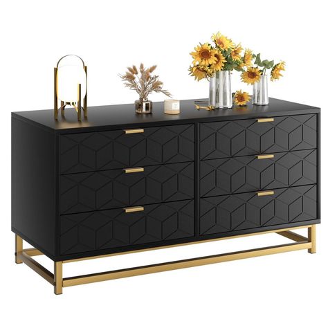 Black 6 Drawer Dresser for Bedroom, Wood Chest of Drawers with Metal Legs, Modern Storage Dresser Chest Cabinet Organizer, Large Dresser for Living Room, Hallway, Closet Gold Dresser, Modern Chest Of Drawers, Large Dresser, Accent Storage Cabinet, Black Dressers, Bedroom Chest Of Drawers, Dresser For Bedroom, Dresser Chest, Gold Bedroom