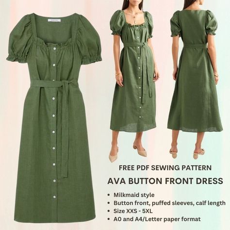 Tina's Closet Sewing Patterns, Milk Maid Dress Pattern Free, Cottagecore Style Outfits, Paper To Print, Milkmaid Dress, Free Pdf Sewing Patterns, Button Front Maxi Dress, Gathered Neckline, Free Pdf Pattern