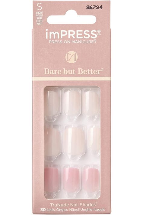 KISS imPRESS Press-On Nails Bare But Better Manicure Set, Nude Glue On Nails, Effortless Finish&#39;, 30 Chip-Proof Fake Nails 30 Nails, Natural Skin Tone, Womens Nails, Manicure Set, Nail Kit, Nude Nails, Nail Trends, False Nails, Glue On Nails