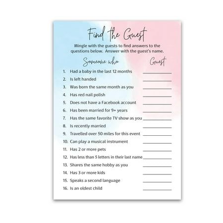 A unique fun icebreaker party game! Minimalist style pink and blue watercolor wash artwork paired with an elegant font. Perfect for any party especially Baby Showers, Gender Reveal parties, and Sip n See. Size: 5" x 7". Baby Shower Games For Coed Showers, Gender Reveal Games Ideas, Gender Reveal Games For Guests, Gender Reveal Games Activities, Co Ed Baby Shower Games, 13th Birthday Party Ideas For Teens, Baby Shower Games For Boys, Co-ed Baby Shower Games, Reveal Party Games