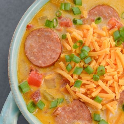 Cheesy Sausage Soup - Maebells Cheesy Sausage Soup, Cheesy Smoked Sausage Soup, Sausage Cheese Soup, Keto Sausage Soup, Smoked Sausage Soup, Soup Low Carb, Kielbasa Soup, Keto Soups, Cheap Easy Meals