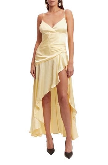 A bold ruffle design accentuates the leggy asymmetric hemline of this stunning satin dress that's destined to make you stand out at your next cocktail party. 17" - 48" center front length (size 8) Hidden back-zip closure Surplice V-neck Adjustable straps Partially lined 100% viscose Dry clean or hand wash, line dry Imported Yellow Midi Dress, Crop Top Dress, Ruffle Midi Dress, Canary Yellow, Midi Cocktail Dress, Dress Yellow, Nordstrom Dresses, Yellow Dress, Satin Dresses