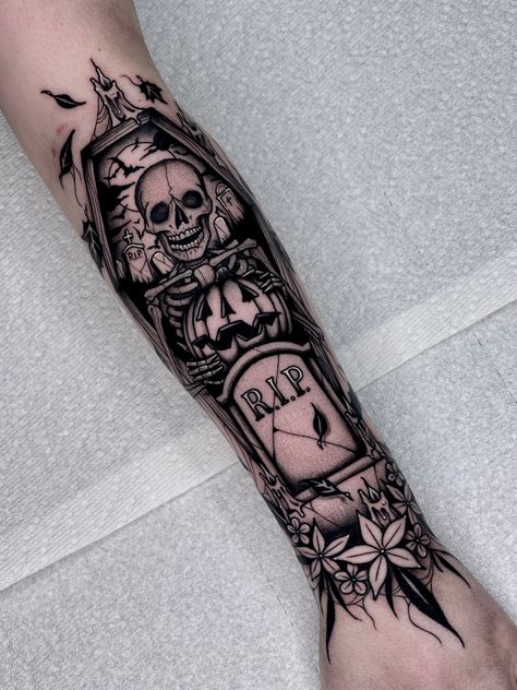 Halloween Graveyard Tattoo, Gothic Patchwork Sleeve Tattoo, Grave Yard Tattoos, Coffin Tattoo Ideas, Casket Tattoo, Headstone Tattoo, Graveyard Tattoos, Coffin Tattoo Design, Coffin Tattoos