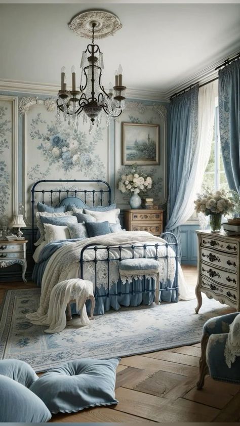 Classy Blue Bedroom Ideas, Bridgerton Blue Room, Antique Blue Bedroom, Blue Room Aesthetic Vintage, French Country Cottage Bedroom Ideas, Bridgerton Themed Bedroom, Bridgerton Style Bedroom, Bridgerton Inspired Room, French Blue Bedroom Ideas