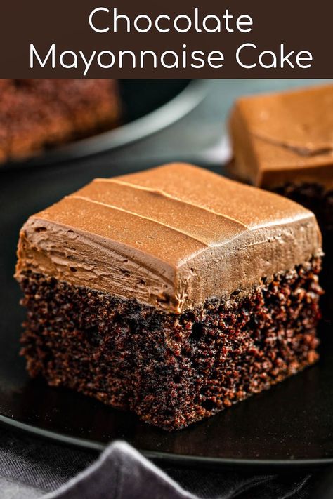 This Chocolate Mayonnaise Cake recipe uses mayo in place of oil and eggs, so you only need 7 ingredients! Top it off with sweet whipped chocolate frosting! #ChocolateCake #MayonnaiseCake #MayoCake #Cake #ChocolateMayonnaiseCake #Dessert #CakeRecipe #ChocolateCakeRecipe #ChocolateRecipes #CakeRecipes Mayo Cake Chocolate, Cakes Made With Mayonnaise, Chocolate Cake Made With Mayonnaise, Chocolate Oil Cake Recipe, Chocolate Mayo Cake Mayonnaise Recipe, Chocolate Cake With Mayonnaise Recipe, The Novice Chef Recipes, Mayo Cake Recipe Mayonnaise, Hellmans Chocolate Mayonnaise Cake