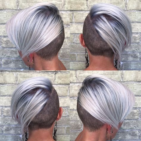 Grey Hair Shaved Side, Asymmetrical Undercut, Platinum Blonde Hair With Lilac Highlights, Platinum And Lilac Hair, Blonde Undercut Pixie, Funky Blonde Hair, Platinum Blonde With Purple Peekaboo, Silver Hair Color Formula, Platinum Blonde Side Shave