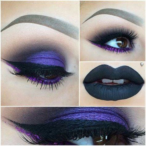 Purple + black eyeshadow Eye Makeup Glitter, Dark Skin Makeup Tutorial, Lipstick For Dark Skin, Eye Makeup Looks, Make Up Inspiration, Black Lipstick, Gothic Makeup, Goth Makeup, Dark Makeup