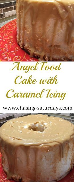 Angel Food Cake Icing, Angel Food Cake Toppings, Angel Food Cake Frosting, Simple Cake Recipes, Cake With Caramel Sauce, Cake With Caramel, Food Simple, Caramel Icing, Angel Food Cake Mix Recipes