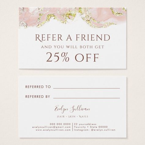 pink marbling design Referral Card - refer a friend business cards Referral Cards, Refer A Friend, Hair Skin Nails, Marbling, Disney Gifts, Star Wars Gifts, Halloween Christmas, Business Cards, Art Wall