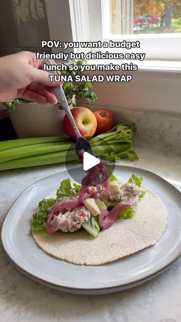 Ashley | Suburban Homestead on Instagram: "Tuna Salad Wrap 🌯 save for your next meal prep! 

Makes 3-4 servings 

3 cans tuna (in water - drained) 
2 stalks celery, chopped 
1 large apple, chopped
1/2 shallot, diced 
1/2 cup Greek 
Pickled red onions (measure with your 💗)
Salt and pepper to taste
Chopped Romain
Wraps of choice 

In a bowl mix your tuna with half of your Greek yogurt then add salt and pepper to taste. Next add shallot, celery and apples and the remaining Greek yogurt and mix until combined. In your wrap add lettuce, two heeling spoonfuls of tuna salad and top with pickled red onions. Wrap it up and enjoy! Store left over tuna salad in a container in the fridge! 

#tunasalad #tunafish #proteinpacked #wrap #mealprep #budgetfriendly #lunchideas" Tuna Salad Wrap, Salad Wrap, Salad Wraps, Tuna Fish, Pickled Red Onions, Red Onions, Tuna Salad, Easy Lunches, Shallots