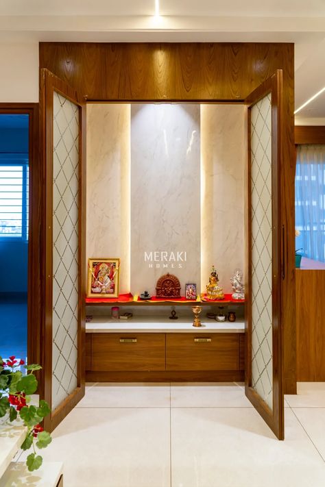 Simply Elegant Pooja Unit in Veneer and Glass Pooja Unit, Glass Door Design, Indian Room Decor, Temple Design For Home, Pooja Room Door Design, Pooja Room Design, Room Door Design, Puja Room, Home Stairs Design