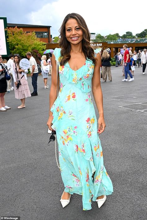 Emma Weymouth turns heads in turquoise at the Wimbledon final Emma Weymouth, Shannen Doherty Charmed, Wimbledon Final, Richard Simmons, Courtney Cox, Shannen Doherty, Turquoise Dress, Alyssa Milano, Navy Suit