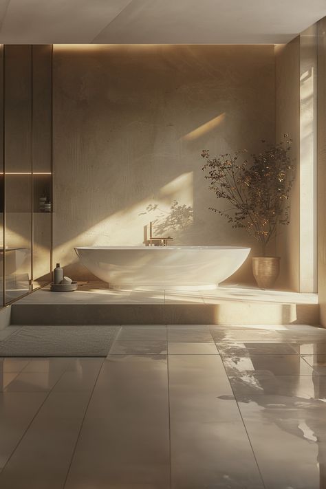 Zen-inspired minimalist bathroom • Sunlit ambiance with natural light • Freestanding white bathtub • Textured warm walls and reflective tiles • Recessed shelf with elegant toiletries • Potted dried plant adding an organic touch • Subtle mood lighting • Tranquil spa-like atmosphere. Spa Style Bathroom Ideas, Lux Apartment, Recessed Shelf, Bathtub Aesthetic, Bathtub Shelf, White Bathtub, Mansion Aesthetic, Spa Style Bathroom, Tranquil Spa