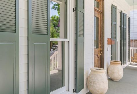 Green Shutters On Brick House, Grey House Green Shutters, White Brick House With Green Shutters, Green Exterior Shutters, Shutter Colors For Light Grey House, Dark Green Shutters White House, Shutters On Tan House, White House With Green Shutters, Green Shutters Tan House