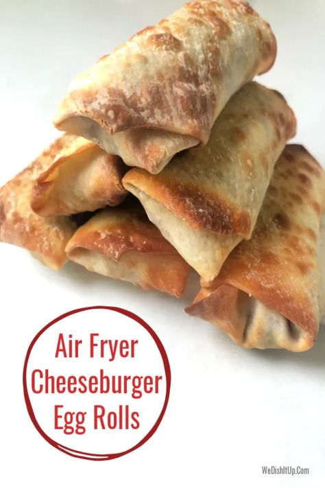 These Easy Air Fryer Cheeseburger Egg Rolls are so delicious, easy to make, and are the perfect blend of American and Asian cuisines. All you need are egg roll wrappers, lean ground beef, cheese slices (I like Velveeta), and your favorite seasonings! These are great to have as an entree, part of an appetizer plate, or you can even make them ahead and freeze to have for snacks. Ww Cheeseburger Egg Rolls, Weight Watchers Cheeseburger Eggrolls, Weight Watchers Wonton Wrapper Recipes, Weight Watcher Egg Rolls, Ww Egg Rolls, Ww Egg Roll Wrapper Recipes, Air Fryer Egg Roll Wrapper Recipes, Air Fryer Weight Watchers Recipes, Ground Beef Air Fryer Recipes