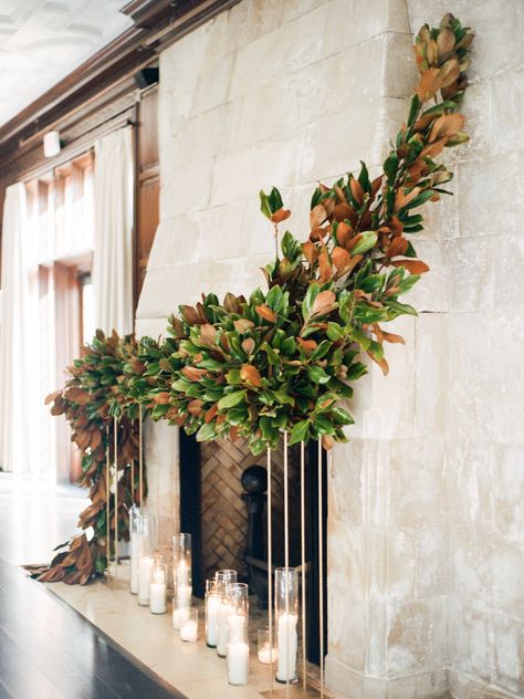 Magnolia Fireplace Decor, Magnolia Flower Garland, Magnolia And Eucalyptus Garland, Magnolia Garland Wedding, Arrangements With Magnolia Leaves, Magnolia Garland Mantle, Fireplace Floral Arrangements, Magnolia Centerpiece Wedding, Magnolia Leaf Centerpiece