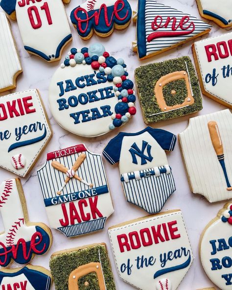 1st Birthday Rookie Of The Year Cookies, Rookie Of The Year Cupcakes, Rookie Year First Birthday Cookies, 1 Year Baseball Birthday, 1st Birthday Boy Rookie Of The Year, Sports Themed First Birthday Boys, 1st Birthday Rookie Of The Year, Rookie Of The Year Cookies, Rookie Of The Year First Birthday Food