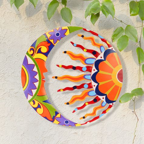 Talavera Art, Indoor Outdoor Living Room, Unique Metal Wall Art, Mexican Talavera Pottery, Sun Painting, Mexican Home Decor, Talavera Pottery, Moon Wall Art, Metal Yard Art