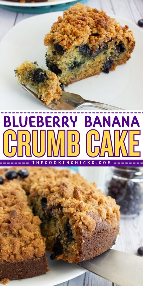 This quick and easy Blueberry Banana Crumb Cake recipe combines the sweetness of ripe bananas and juicy blueberries with a crumbly brown sugar streusel topping. Perfect for a breakfast treat or as an anytime dessert! Bananas And Blueberries Recipes, Banana And Blueberry Cake, Blueberry Banana Coffee Cake, Banana Blueberry Cake Recipe, Blueberry Banana Recipes, Banana Blueberry Bread Recipe, Banana Blueberry Cake, Blueberry Banana Cake, Banana Sour Cream Cake