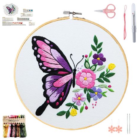 PRICES MAY VARY. All-Inclusive Kit: Embroidery package contains all essential supplies – 1 7.8-inch bamboo hoop, 1 embroidery patterned fabric pieces, 1 detailed instructions, 1 color thread sets(30% more), 4 needles, 2 needle threader, 1 seam ripper, 1 scissors and 1 hang string. Festive Designs: Get a head start with 3 butterfly-themed patterns. Exquisite butterfly pattern designs are perfect for beginners.Kit brings the joy and the holiday spirit together in a truly special way. Give the gift Cute Embroidery Ideas, Butterfly Embroidery Designs, Butterfly Pattern Design, Learn To Embroider, Butterfly Cross Stitch Pattern, Embroidery Butterfly, Long And Short Stitch, Mom Hat, Arts And Crafts For Adults