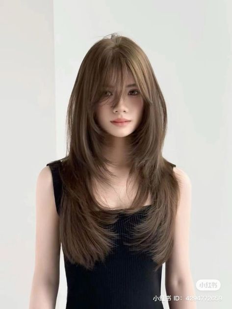 Russian Haircuts Women, Medium Haircut Idea, Haircut Inspiration Thick Hair, Long Bangs Long Layers, Chocolate Brown Hair With Chunky Highlights, Face Framing Layers Long Hair With Bangs Fringes, Medium Soft Layered Hair, Medium Haircuts Straight Hair, Falco Haircut