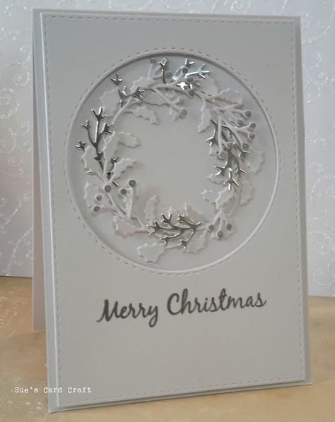 Die Cut Christmas Cards, White Christmas Card, Stamped Christmas Cards, Simple Christmas Cards, Holly Wreath, Christmas Card Inspiration, Christmas Challenge, Beautiful Christmas Cards, Homemade Christmas Cards